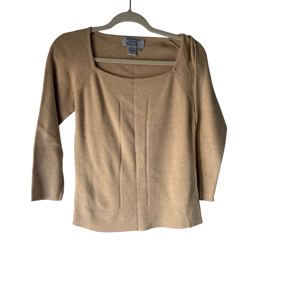 Indigenous Vintage 90s Square Neck Knit Sweater Top Beige Organic Cotton‎ L